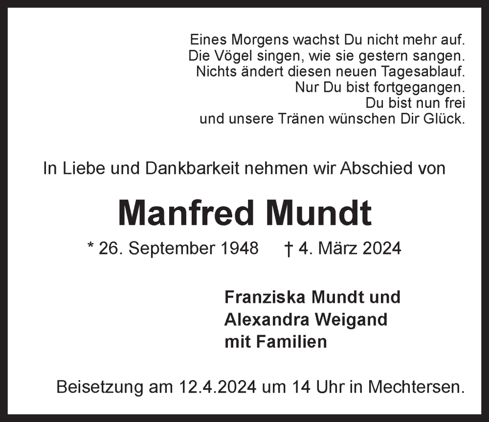  Traueranzeige für Manfred Mundt vom 16.03.2024 aus LZ