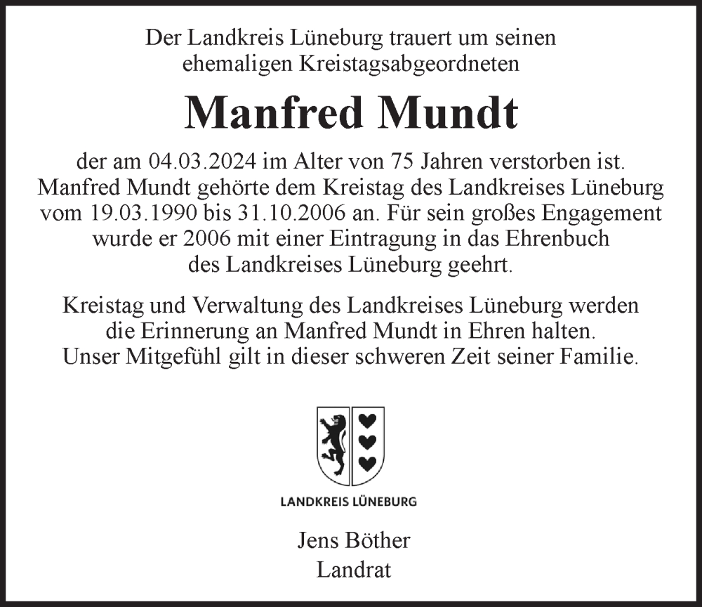  Traueranzeige für Manfred Mundt vom 16.03.2024 aus LZ