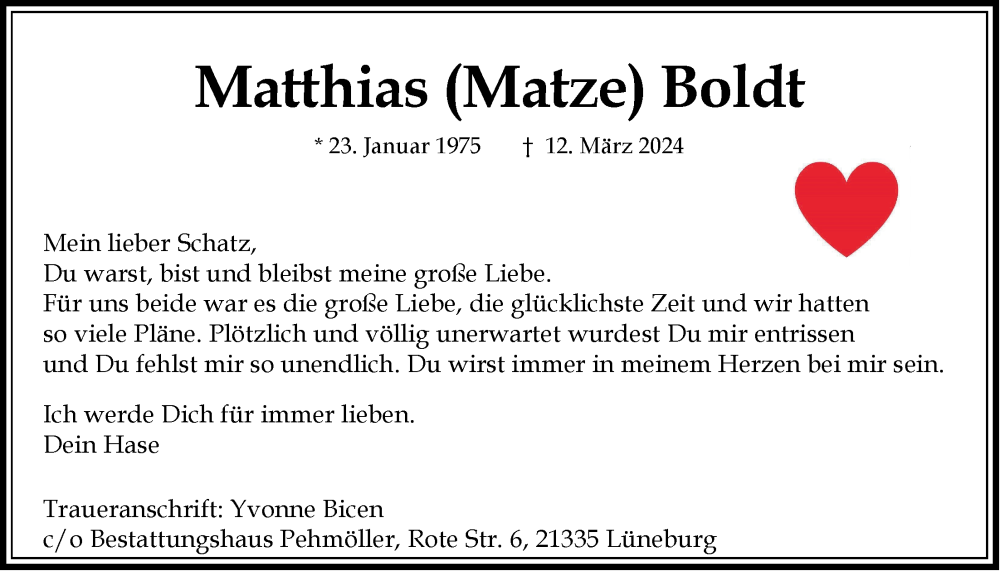  Traueranzeige für Matthias Boldt vom 16.03.2024 aus LZ