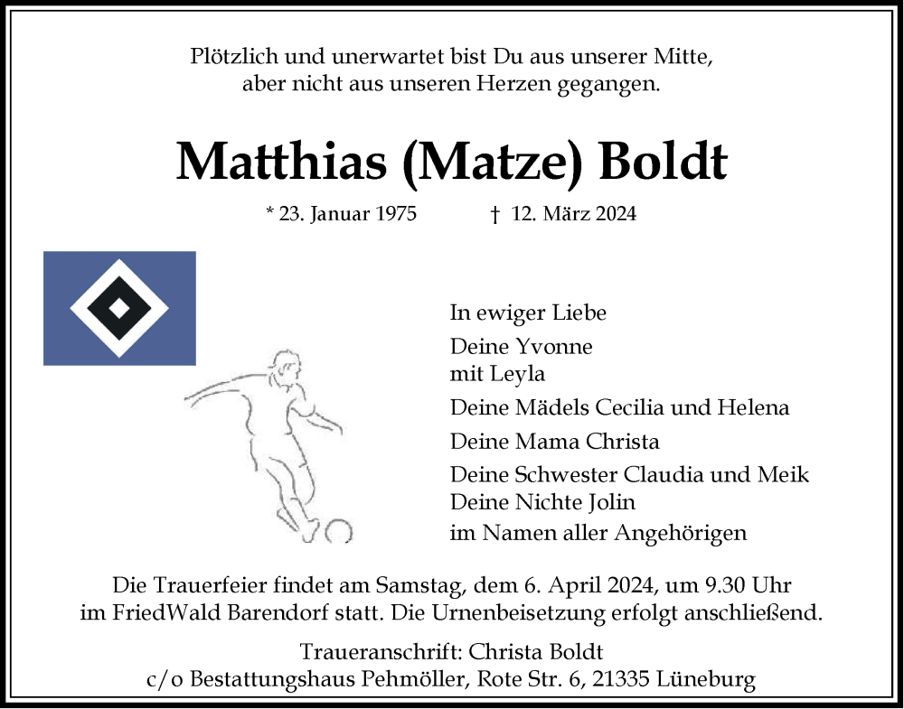  Traueranzeige für Matthias Boldt vom 28.03.2024 aus LZ