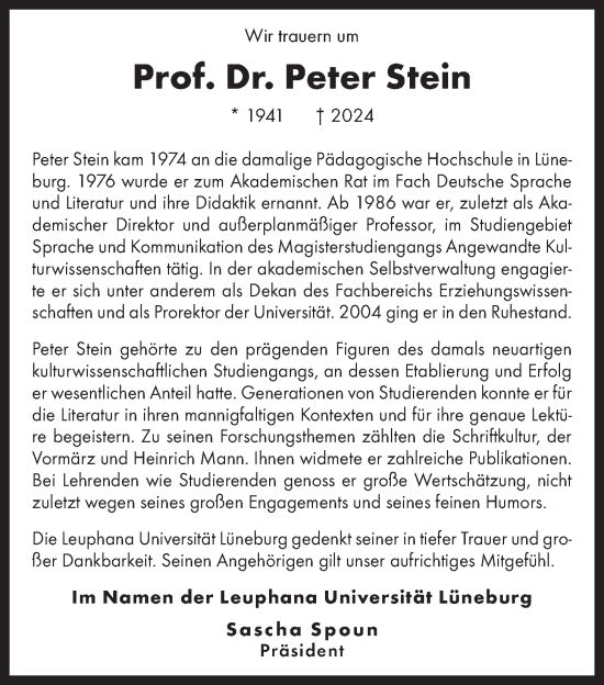 Anzeige von Peter Stein von LZ