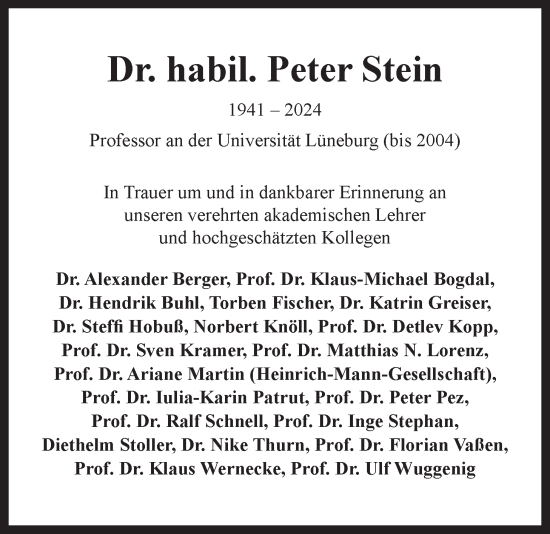 Anzeige von Peter Stein von LZ