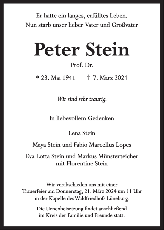 Anzeige von Peter Stein von LZ