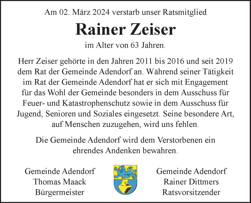  Traueranzeige für Rainer Zeiser vom 09.03.2024 aus LZ