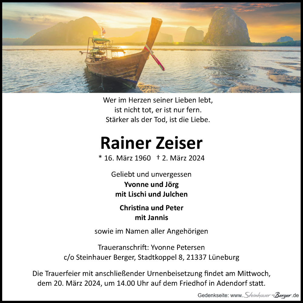  Traueranzeige für Rainer Zeiser vom 09.03.2024 aus LZ