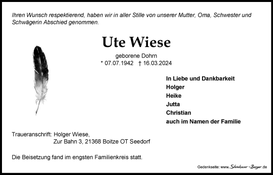 Anzeige von Ute Wiese von LZ