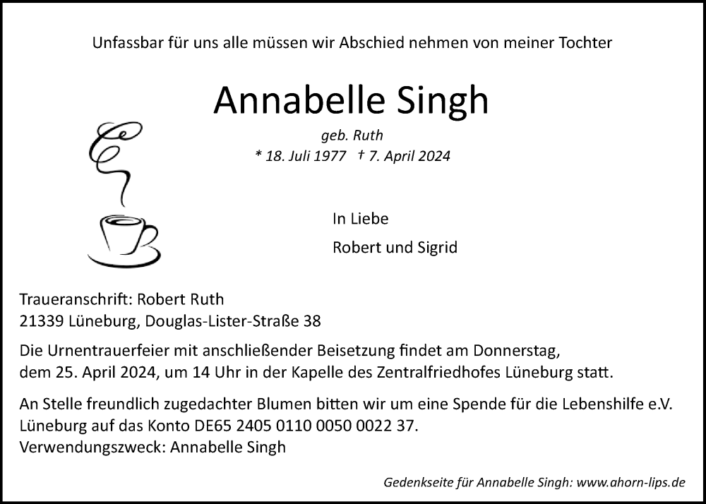  Traueranzeige für Annabelle Singh vom 20.04.2024 aus LZ