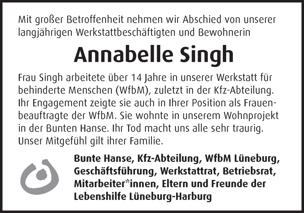  Traueranzeige für Annabelle Singh vom 20.04.2024 aus LZ
