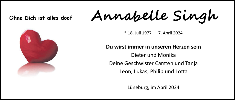  Traueranzeige für Annabelle Singh vom 20.04.2024 aus LZ