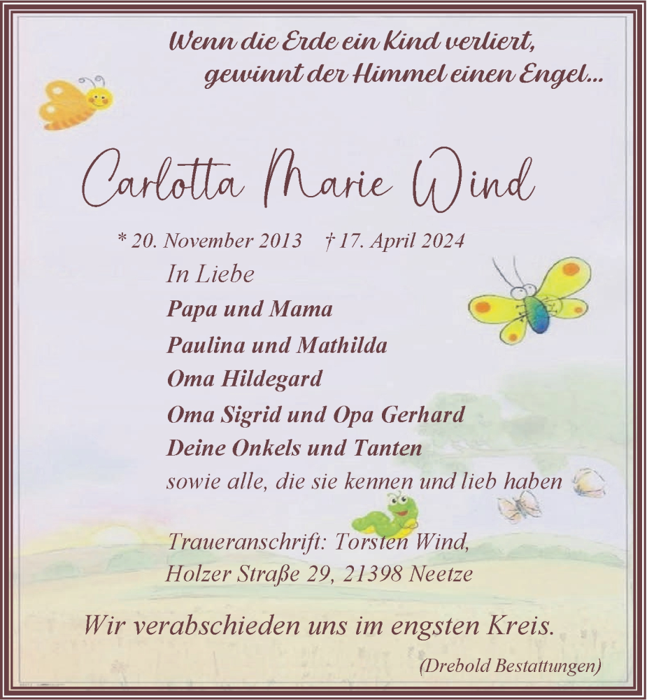  Traueranzeige für Carlotta Marie Wind vom 20.04.2024 aus LZ