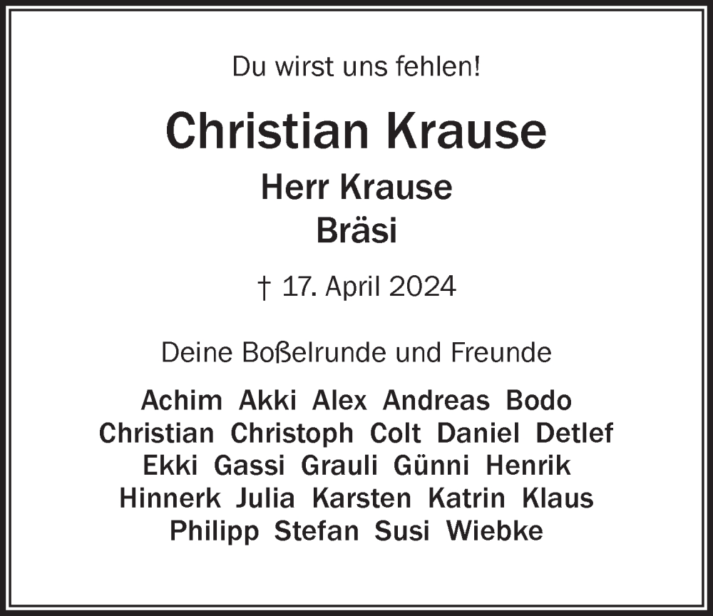  Traueranzeige für Christian Krause vom 27.04.2024 aus LZ