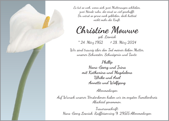 Anzeige von Christine Mowwe von LZ