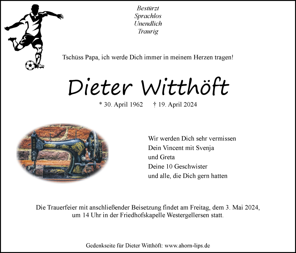  Traueranzeige für Dieter Witthöft vom 27.04.2024 aus LZ