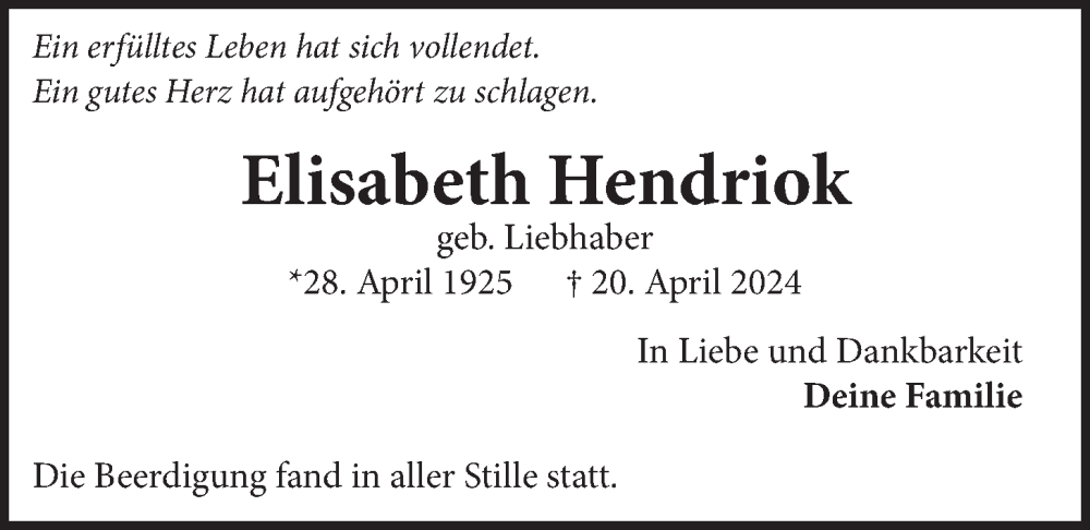  Traueranzeige für Elisabeth Hendriok vom 27.04.2024 aus LZ