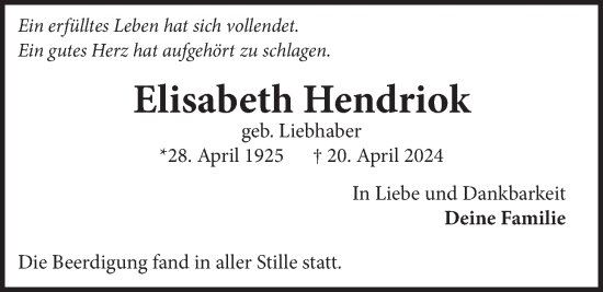 Anzeige von Elisabeth Hendriok von LZ