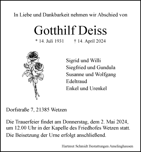 Anzeige von Gotthilf Deiss von LZ