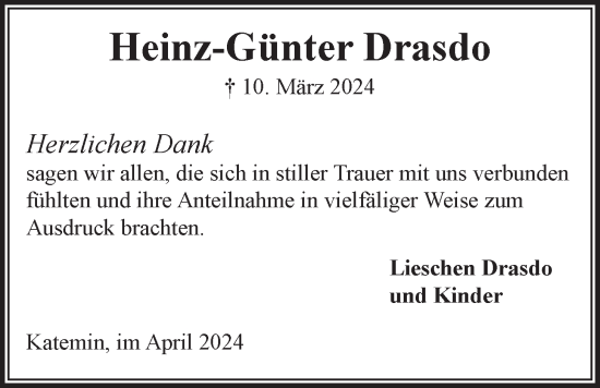 Anzeige von Heinz-Günter Drasdo von LZ