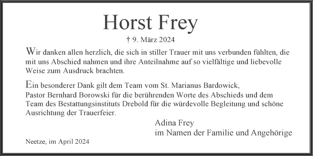  Traueranzeige für Horst Frey vom 20.04.2024 aus LZ