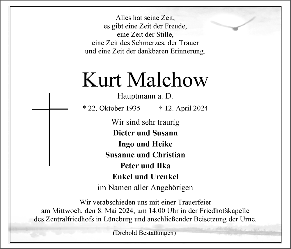  Traueranzeige für Kurt Malchow vom 27.04.2024 aus LZ