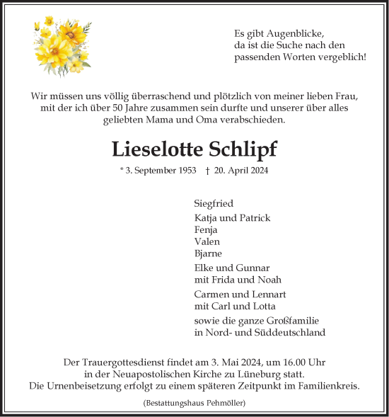 Anzeige von Lieselotte Schlipf von LZ
