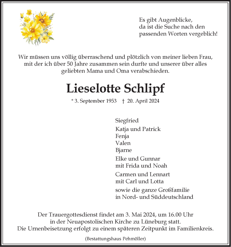  Traueranzeige für Lieselotte Schlipf vom 27.04.2024 aus LZ