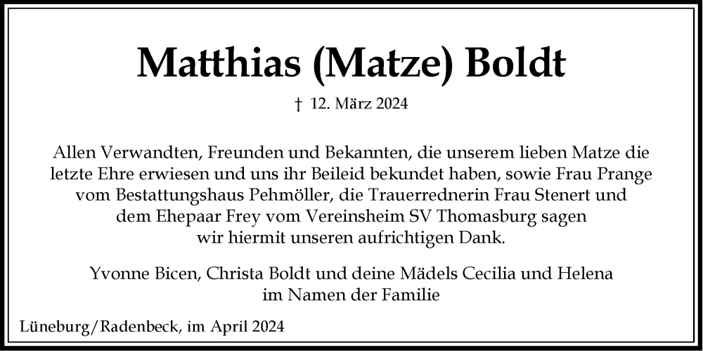  Traueranzeige für Matthias Boldt vom 20.04.2024 aus LZ