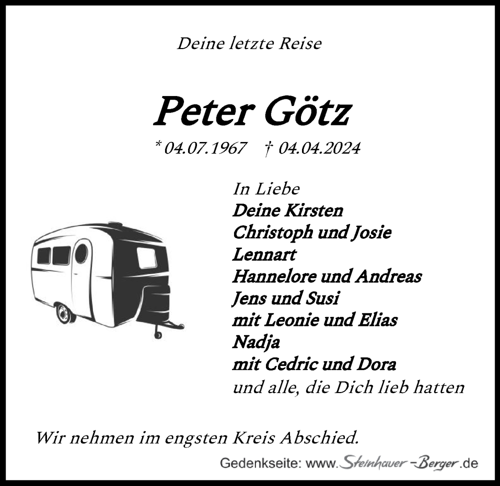  Traueranzeige für Peter Götz vom 13.04.2024 aus LZ