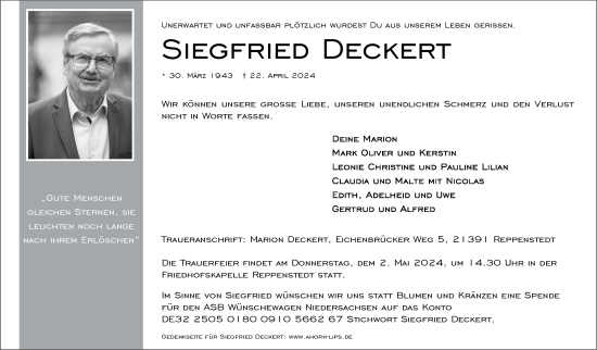 Anzeige von Siegfried Deckert von LZ