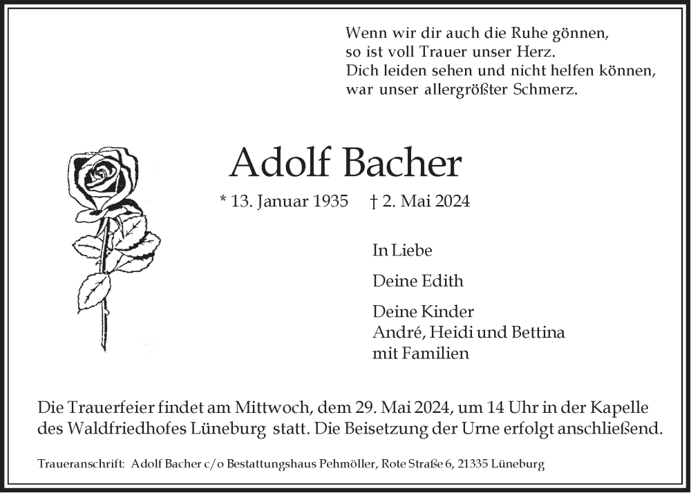 Traueranzeige für Adolf Bacher vom 25.05.2024 aus LZ