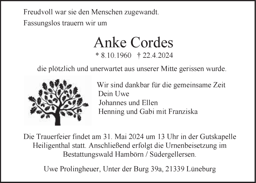  Traueranzeige für Anke Cordes vom 18.05.2024 aus LZ