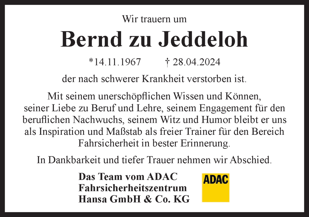  Traueranzeige für Bernd zu Jeddeloh vom 04.05.2024 aus LZ