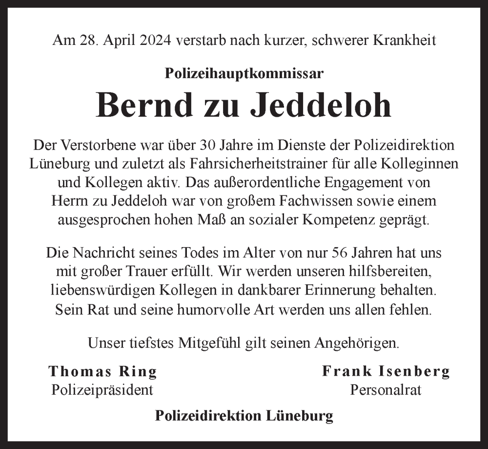  Traueranzeige für Bernd zu Jeddeloh vom 04.05.2024 aus LZ