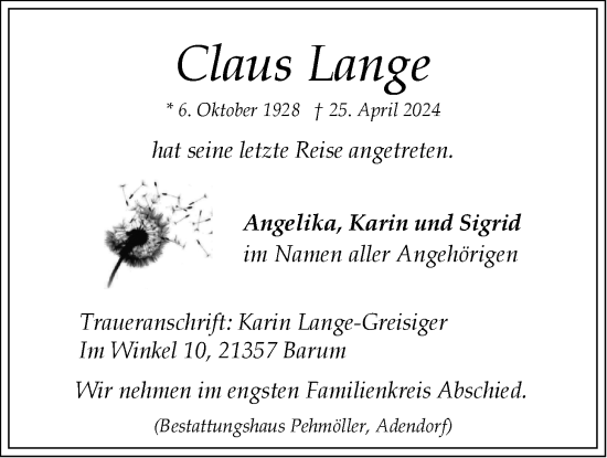 Anzeige von Claus Lange von LZ
