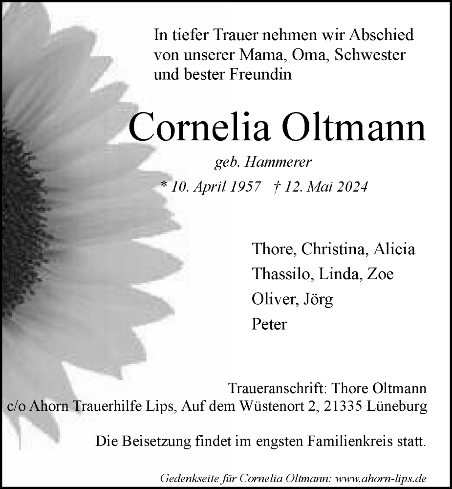  Traueranzeige für Cornelia Oltmann vom 18.05.2024 aus LZ