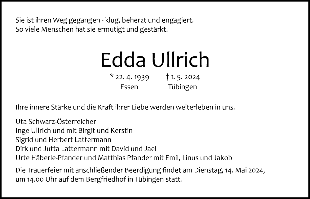  Traueranzeige für Edda Ullrich vom 04.05.2024 aus LZ