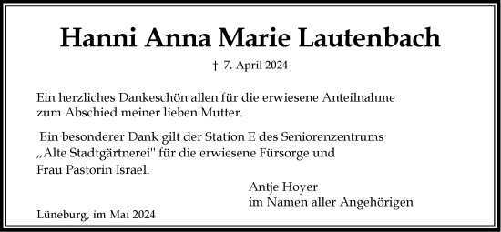 Anzeige von Hanni Anna Marie Lautenbach von LZ