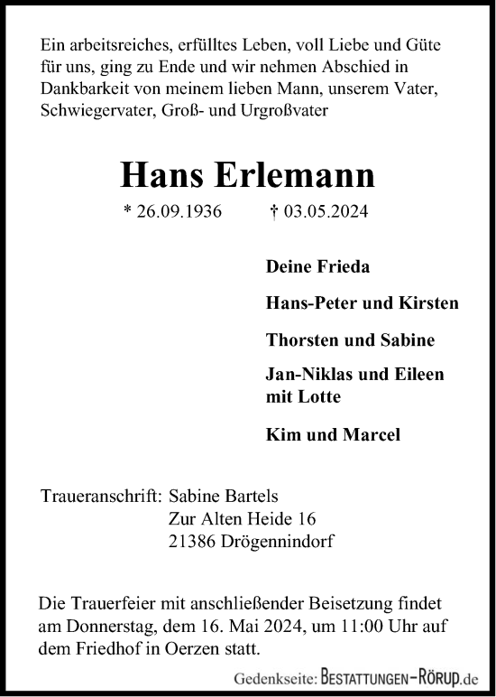 Anzeige von Hans Erlemann von LZ