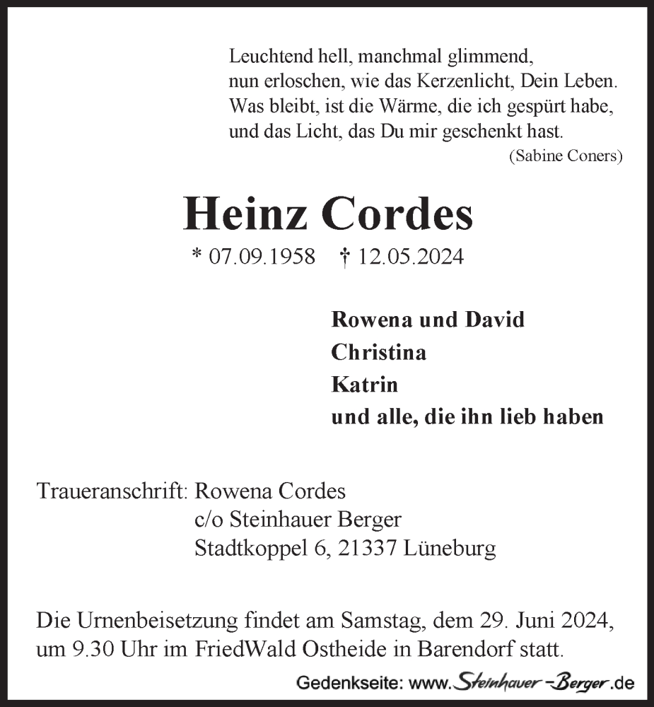  Traueranzeige für Heinz Cordes vom 25.05.2024 aus LZ