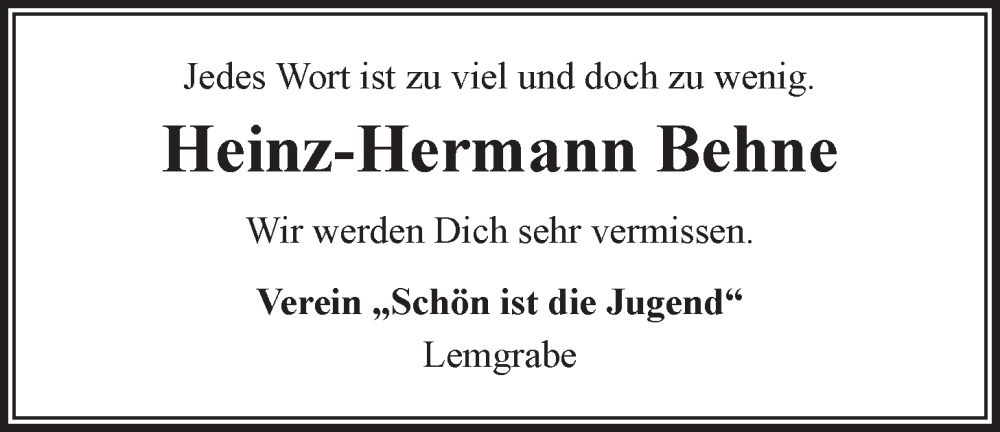  Traueranzeige für Heinz-Hermann Behne vom 25.05.2024 aus LZ