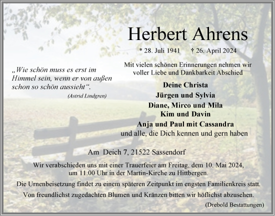 Anzeige von Herbert Ahrens von LZ