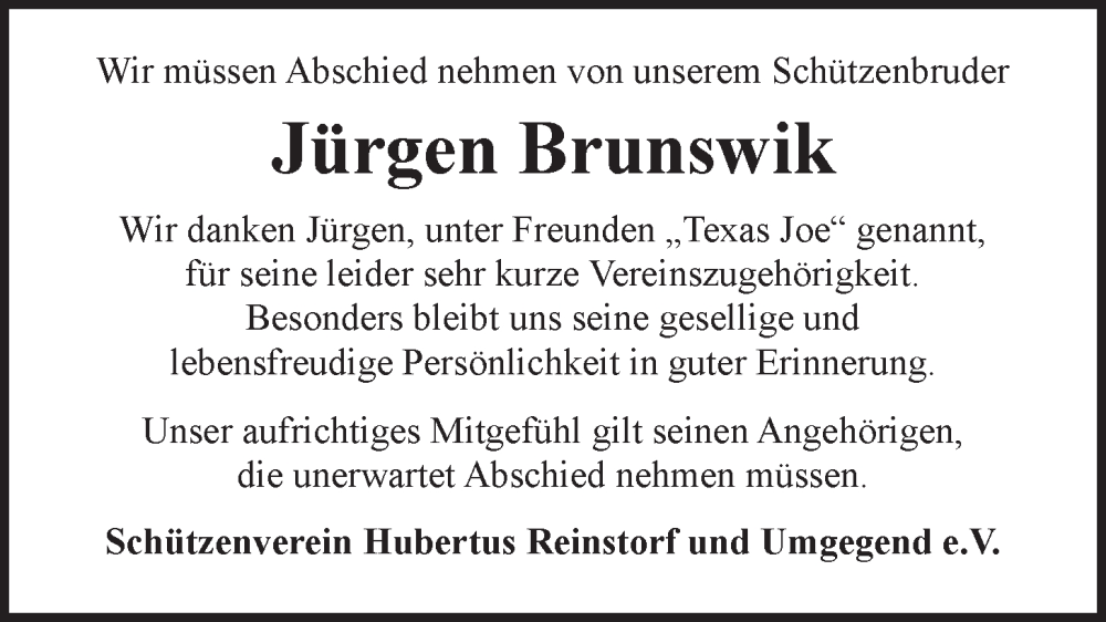  Traueranzeige für Jürgen Brunswik vom 30.04.2024 aus LZ