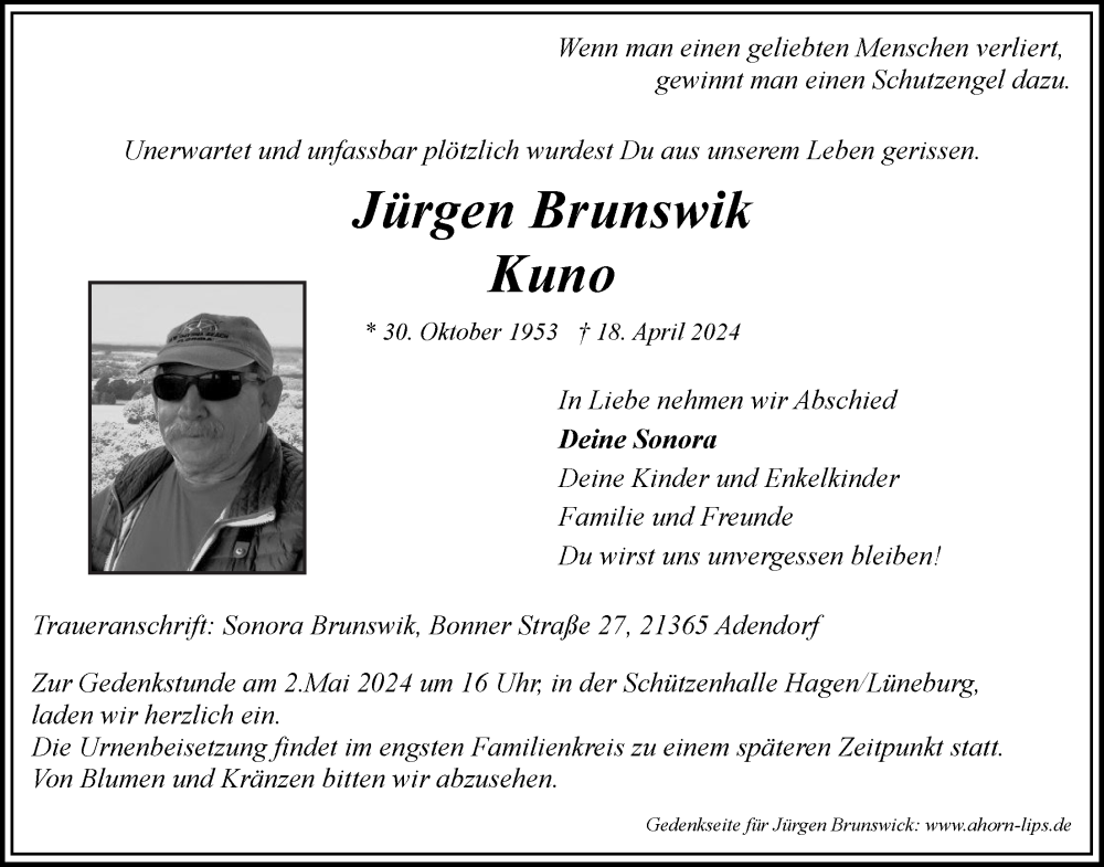  Traueranzeige für Jürgen Brunswik vom 30.04.2024 aus LZ