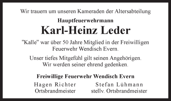 Anzeige von Karl-Heinz Leder von LZ