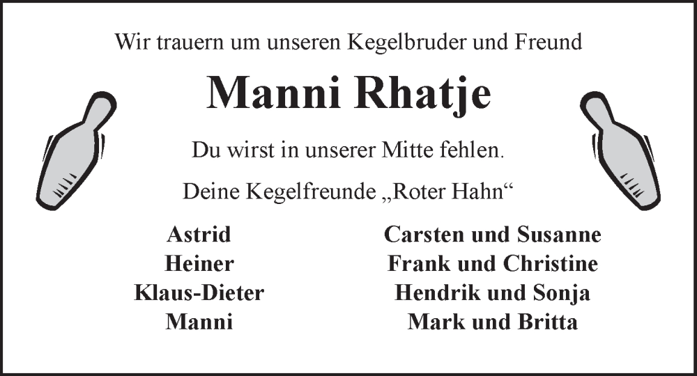  Traueranzeige für Manfred Rhatje vom 04.05.2024 aus LZ