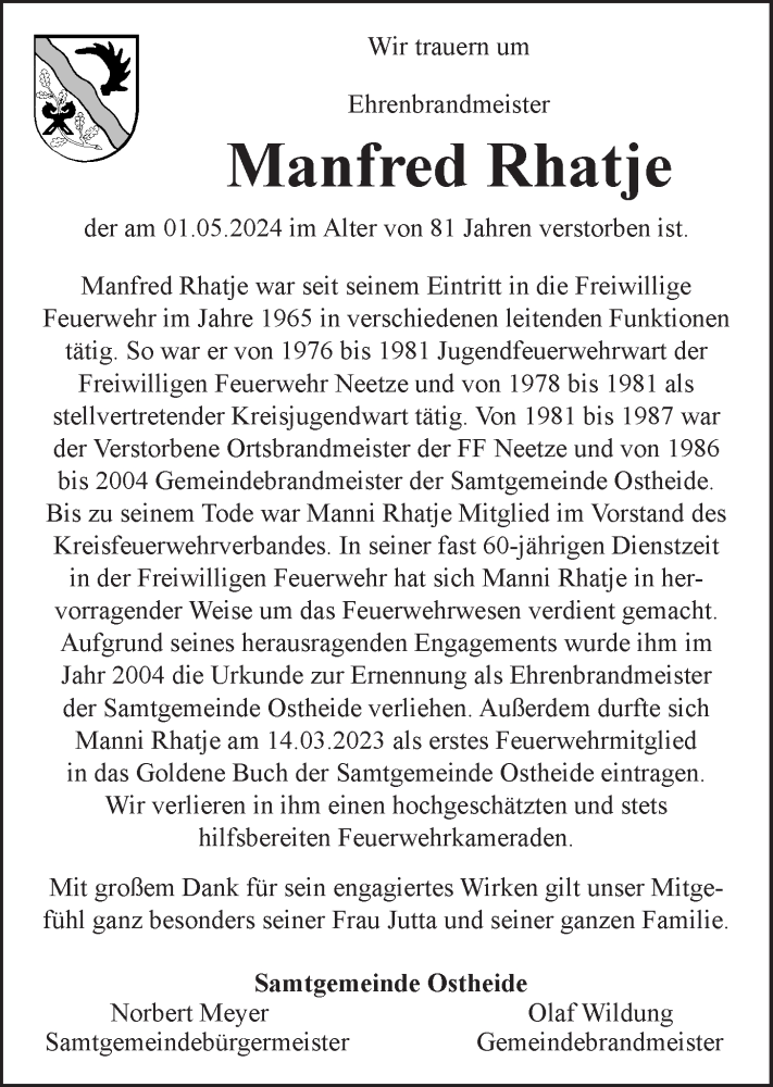  Traueranzeige für Manfred Rhatje vom 04.05.2024 aus LZ