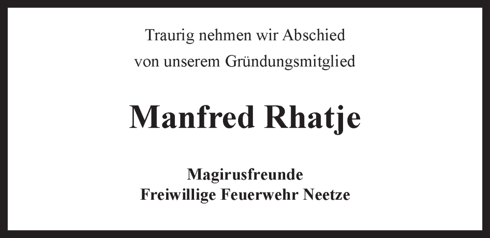  Traueranzeige für Manfred Rhatje vom 04.05.2024 aus LZ