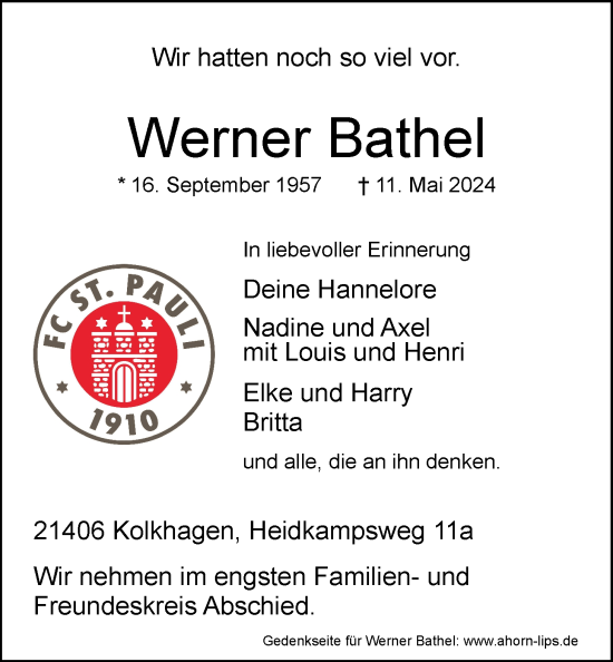 Anzeige von Werner Bathel von LZ