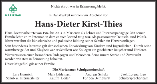 Anzeige von Hans-Dieter Kirst-Thies von LZ