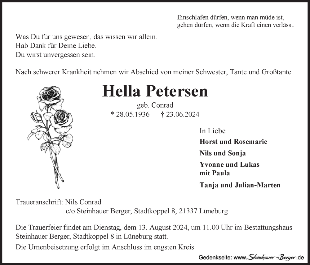  Traueranzeige für Hella Petersen vom 29.06.2024 aus LZ