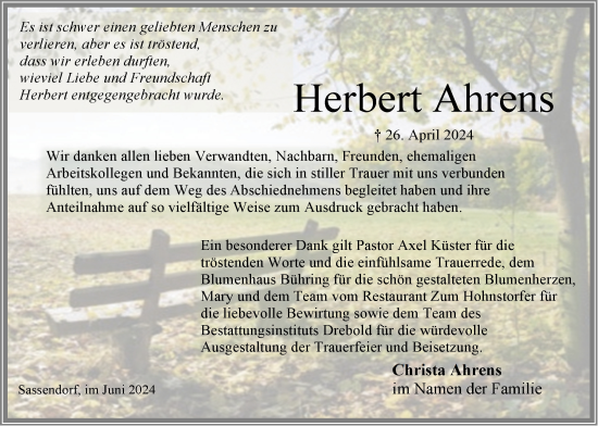 Anzeige von Herbert Ahrens von LZ